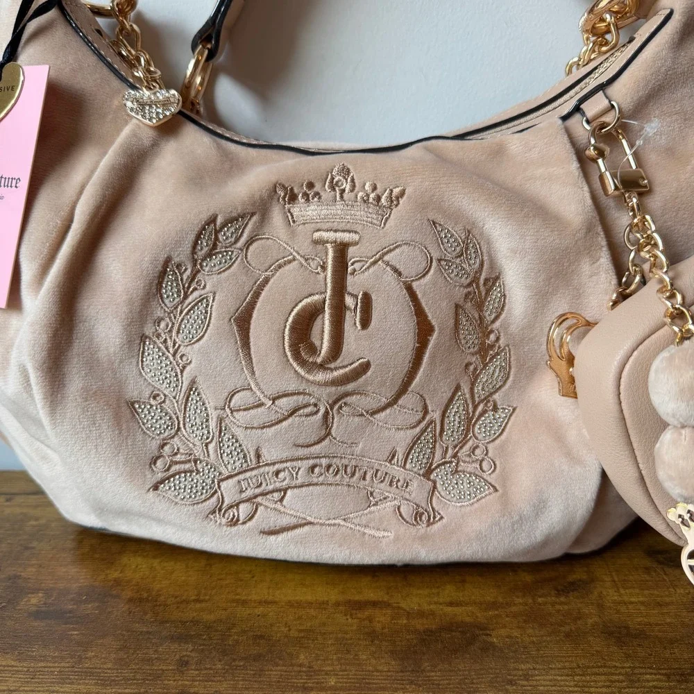 New Juicy Couture Sparkle Royal Beige Brown Hobo Shoulder Handbag Y2K Charm Cute